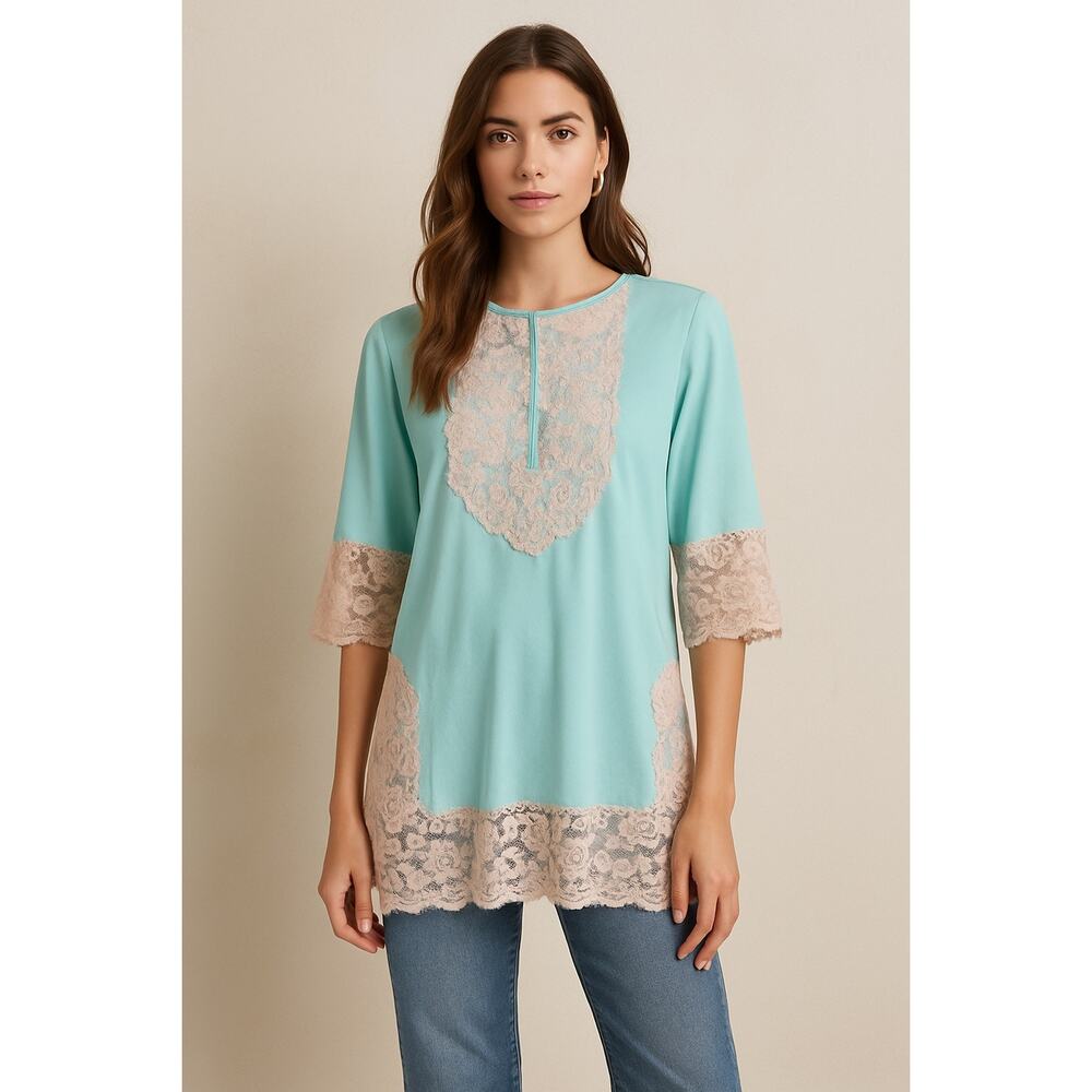 Vintage Boho Aqua‎ Blue Lace Trim Tunic Top with Feminine Pink Lace Details